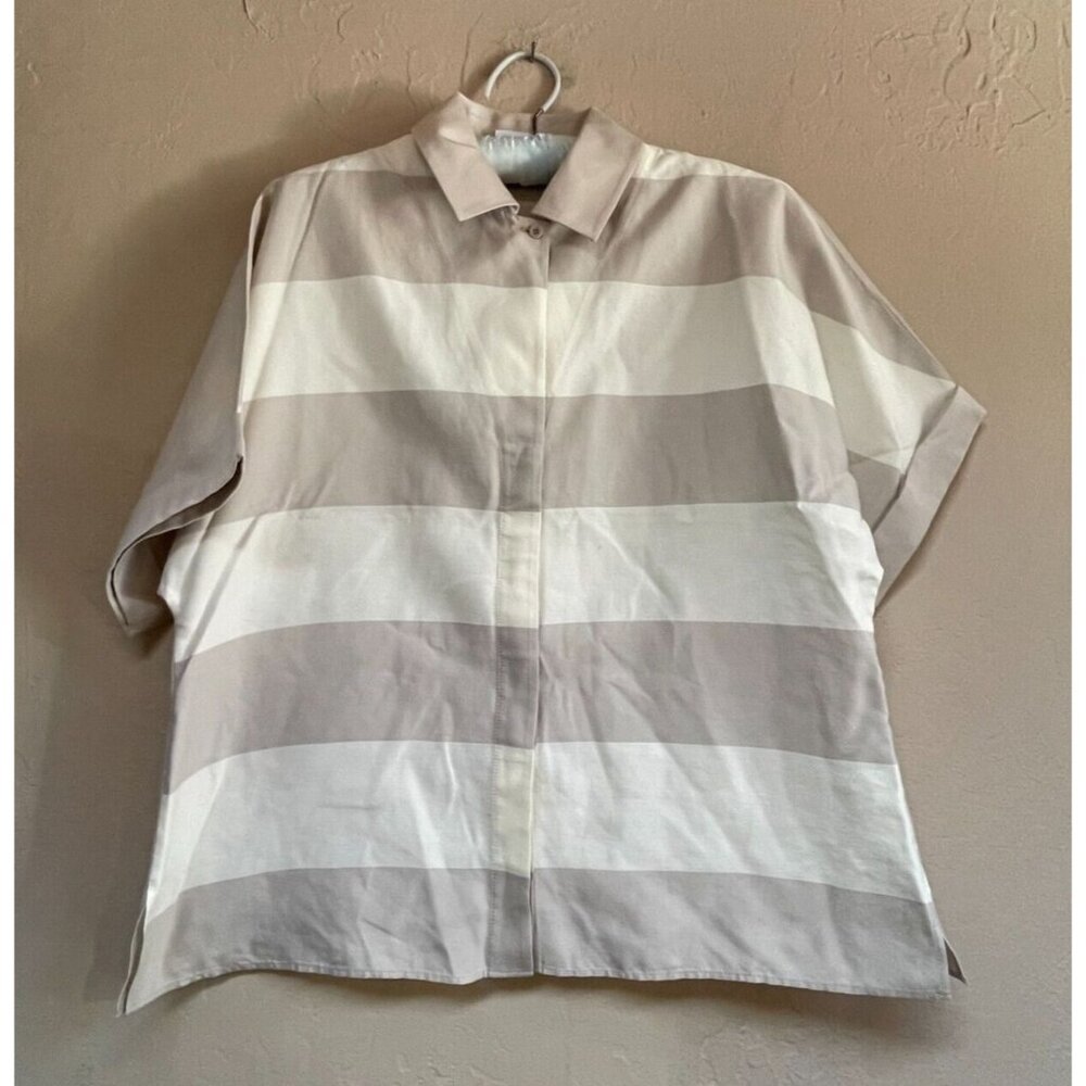 A-K-R-I-S punto Womens Cotton Silk Short Sleeve Striped Shirt Size 8 Beige
